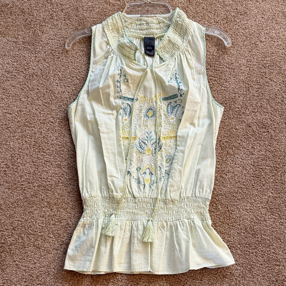 CK Calvin Klein Pale Green Embroidered Sleeveless Peplum Blouse